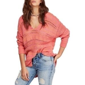 Free People Hot Tropics Paloma Combo Open Knit V-Neck Long Sleeve Sweater XS NWT
